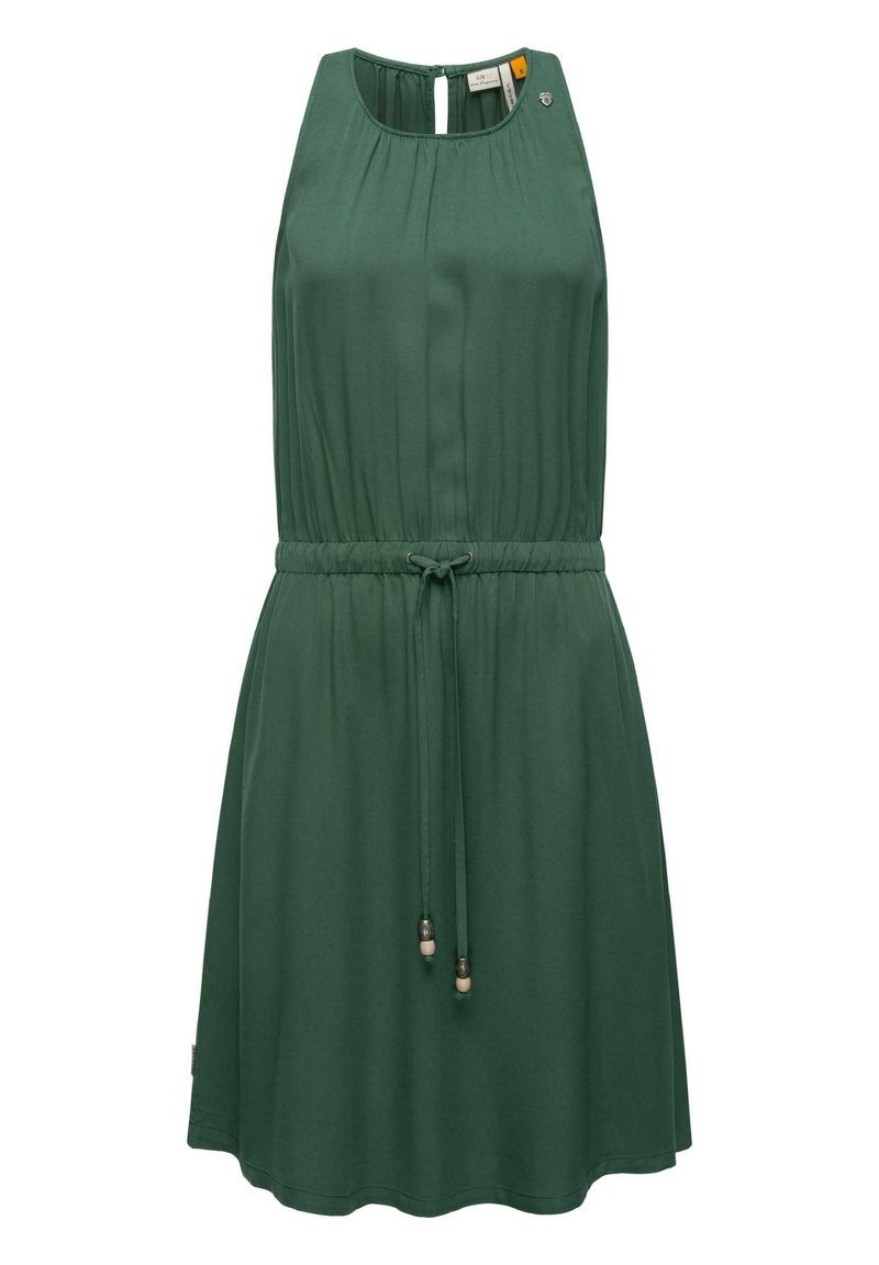 Grünes ärmelloses Kleid mit einem gefältelten Oberteil, elastischem Taillenzug mit Perlenakzenten und einem Schlüsselrücken-Detail. Weicher, glatter Stoff.