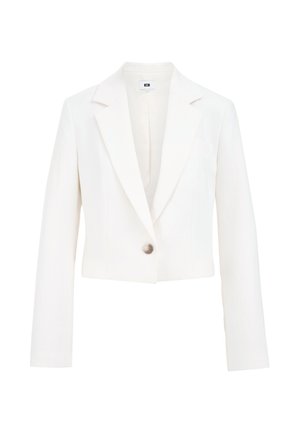 Korte witte blazer van lichtgewicht stof, met een geknipt revers, enkele knoopsluiting en lange mouwen met strakke lijnen.