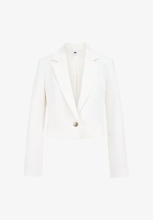 Lühendatud valge bleiser, mis on valmistatud kerge kangaga, varustatud nokk-lapelsi, ühe nööbiga sulgemise ja pikkade varrukatega, millel on puhtad jooned.