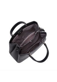 Borsa a mano in pelle nera con doppio manico, apertura superiore che mostra un ampio scomparto principale, tasca centrale con zip e tasche interne a scomparsa.