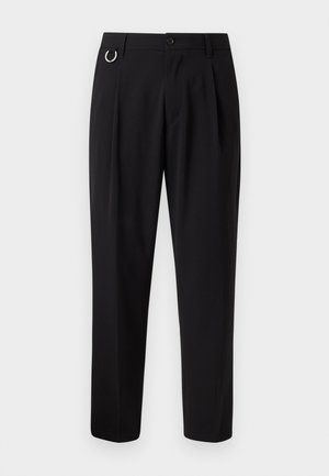 Black trousers with a straight cut, pleated front, belt loops, and a silver ring accent. Made from smooth fabric, no visible patterns.