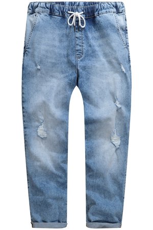 Hellblaue, distressed Denim-Jogginghose mit elastischem Bund, weißem Kordelzug, Seitentaschen und hochgekrempelten Bündchen.