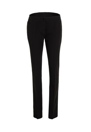Czarne spodnie o kroju prostym, z kieszeniami z przodu, z zapięciem na guzik oraz gładką teksturą.