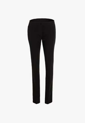 Czarne spodnie o kroju prostym, z kieszeniami z przodu, z zapięciem na guzik oraz gładką teksturą.