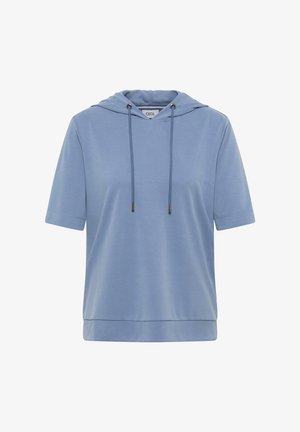 Jasnoniebieska, krótko rękawowa bluza z kapturem, z sznurkami i luźnym krojem, prezentująca się na białym tle.