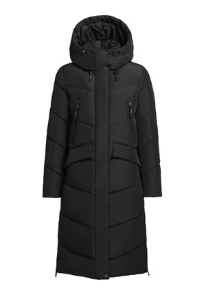 Dolga črna puhasta bunda s kapuco. Ima žepke z zadrgo, oprijet kroj in vodoravne quiltane vzorce. Gladka tekstura.