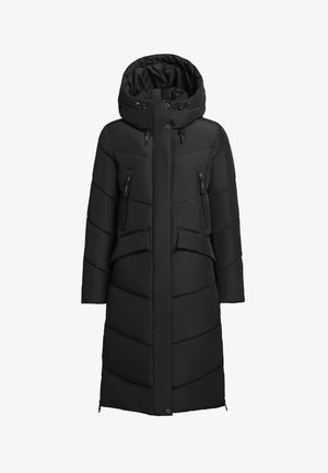 Dolga črna puhasta bunda s kapuco. Ima žepke z zadrgo, oprijet kroj in vodoravne quiltane vzorce. Gladka tekstura.