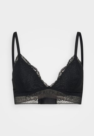 Melna mežģīņu bralette ar trīsstūra kausiem, regulējamām siksnām un zīmola elastīgu apakšmalu. Iezīmē mežģīņu malas un teksturētu rakstu.