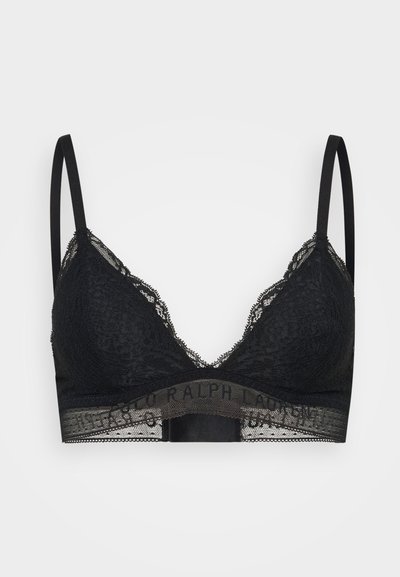 Melna mežģīņu bralette ar trīsstūra kausiem, regulējamām siksnām un zīmola elastīgu apakšmalu. Iezīmē mežģīņu malas un teksturētu rakstu.