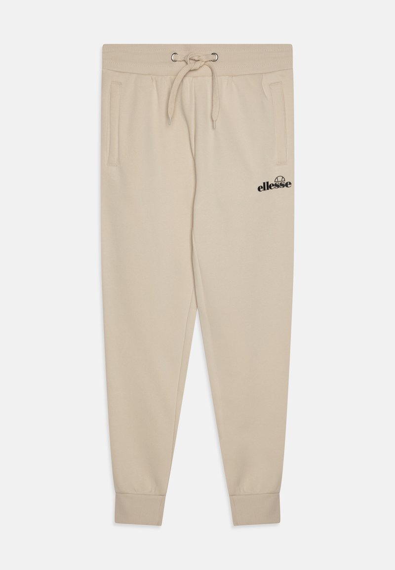 Bežīgi jogger stila bikses, izgatavotas no mīksta auduma, ar elastīgu jostasvietu un auklu, divām sānu kabatām un melnu logotipu.