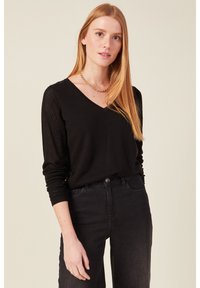 Schwarzer V-Ausschnitt-Pullover mit strukturierten Netzärmeln und engen Bündchen, kombiniert mit hoch taillierten schwarzen Jeans. Schlichte goldene Kettenhalskette.