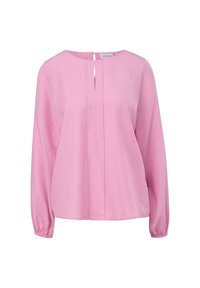 Rosa Bluse mit langen Ärmeln und Rundhalsausschnitt, Vorderfalten und einem Schlüsselaugenverschluss hinten. Weicher Stoff mit elastischen Bündchen.