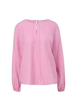 Różowa bluzka z długim rękawem, okrągłym dekoltem, fałdami z przodu i otworem w kształcie łezki z tyłu. Miękka tkanina z elastycznymi mankietami.