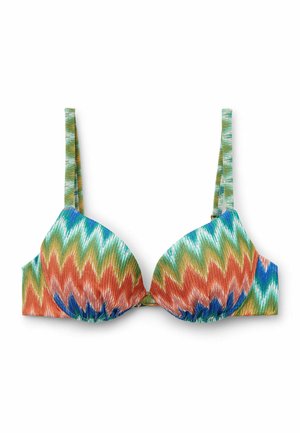 Flerfärgad bikiniöverdel med ett zigzag-mönster i orange, grönt, blått och vitt. Har vadderade kupor och tunna justerbara axelband.