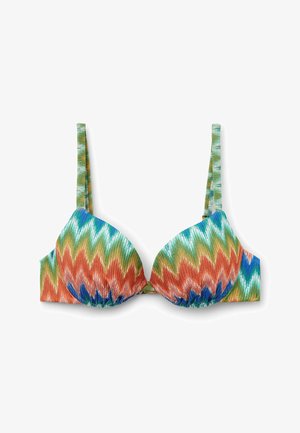Bikini-Oberteil in mehreren Farben mit einem Zickzackmuster in Orange, Grün, Blau und Weiß. Mit gepolsterten Cups und dünnen, verstellbaren Trägern.