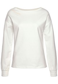 Felpa bianca a maniche lunghe con scollo a barca, polsini a costine e un logo in rilievo discreto sul davanti. Materiale morbido, vestibilità comoda.