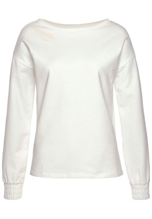 Vit långärmad sweatshirt med båt-nek, ribbade ärmslut och en subtil präglad logotyp på framsidan. Mjuk material med avslappnad passform.