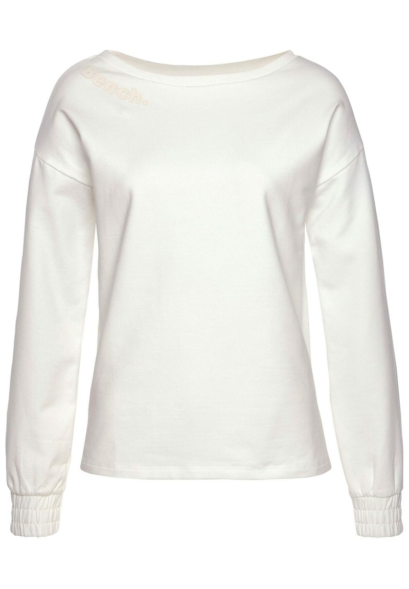 Felpa bianca a maniche lunghe con scollo a barca, polsini a costine e un logo in rilievo discreto sul davanti. Materiale morbido, vestibilità comoda.