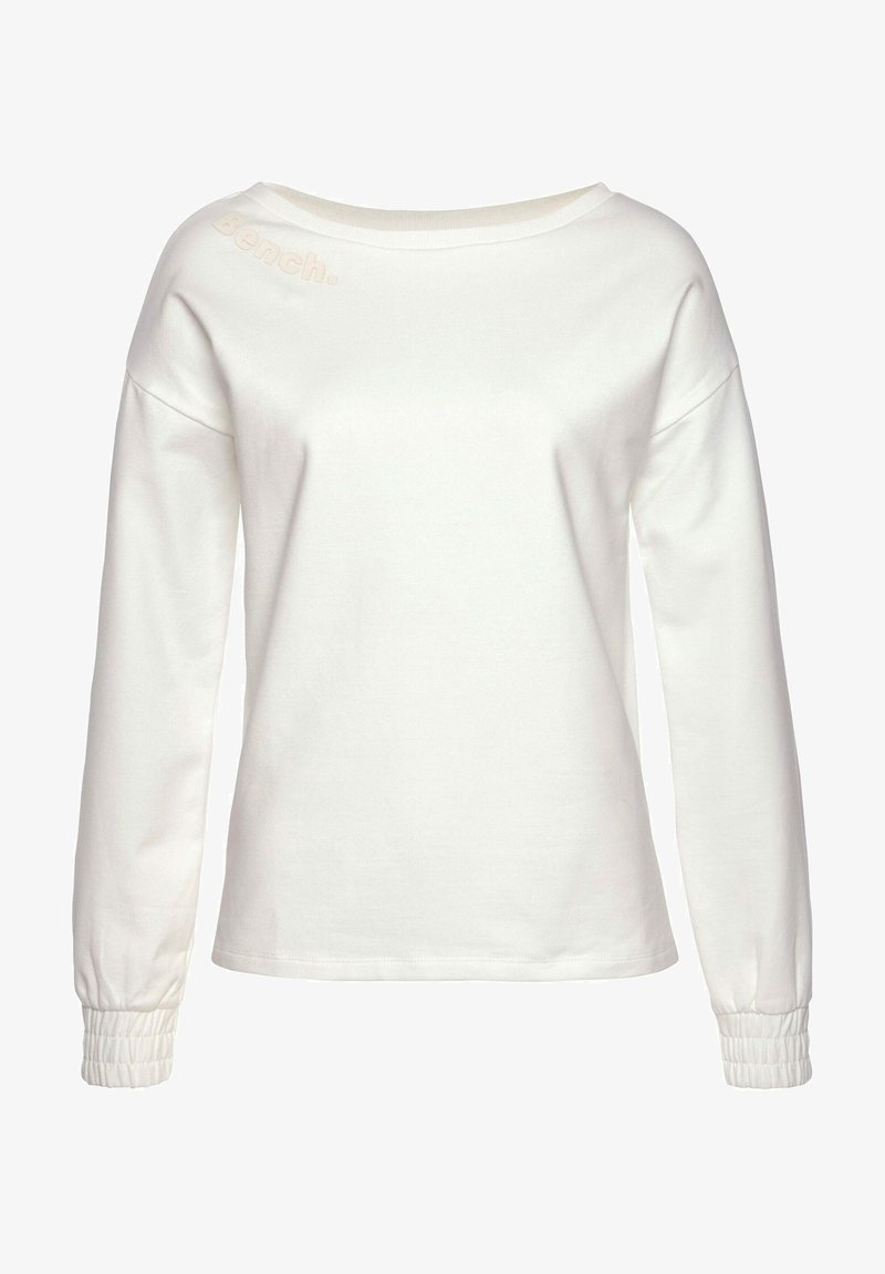 Felpa bianca a maniche lunghe con scollo a barca, polsini a costine e un logo in rilievo discreto sul davanti. Materiale morbido, vestibilità comoda.