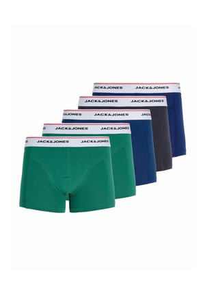 Pięć par bokserek Jack & Jones w kolorach zielonym, niebieskim, czarnym, ciemnoniebieskim i granatowym, z białymi logo na paskach w pasie.