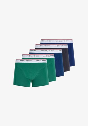 Fünf Paar Jack & Jones Boxershorts in Grün, Blau, Schwarz, Dunkelblau und Navy mit weißen, gebrandeten Bundbändern.