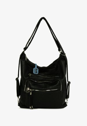 Must nahast käekott mitme tõmblukuga taskuga, kahe õlarihmaga ja esipinnal sinise sildiga, millel kirjas "BAG mori".