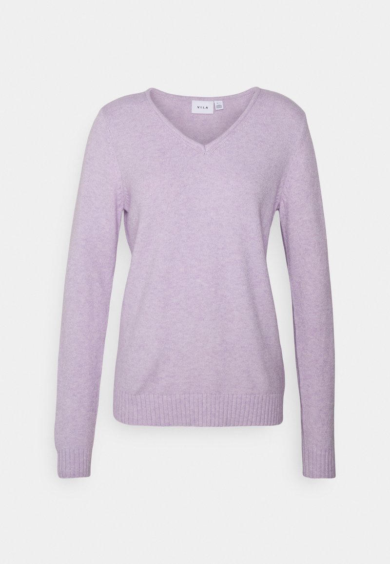 Purple, long-sleeve sweater with a V-neck. Made of soft fabric, featuring ribbed cuffs and hem for a fitted design.