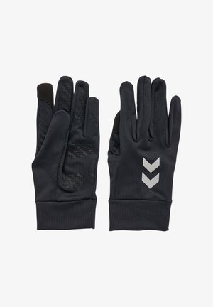 Sorte handsker lavet af et glat materiale, med tekstureret greb på håndfladerne, chevron mønster og grå accenter. Fem-finger design for fingerfærdighed.