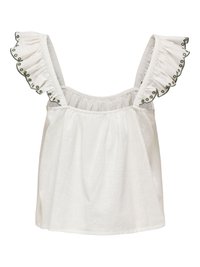 White sleeveless top with ruffled shoulder straps featuring scalloped edges and small circular embroidery details.