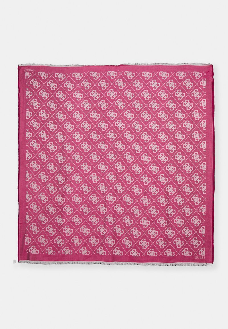 Lyserød tørklæde med et gentagende hvidt geometrisk mønster, afsluttet med frynser i kanten. Materialet ser blødt ud med en glat tekstur.