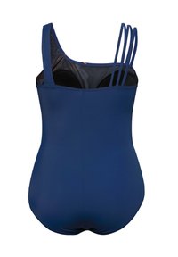Marineblauwe bikini met verstelbare dunne bandjes, semi-open rug en een gladde textuur. Beschikt over een contrasterende binnenkant en gevoerde cups.