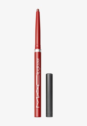 Red lip liner with a tapered tip, featuring a glossy finish and a silver band; includes a black retractable casing.