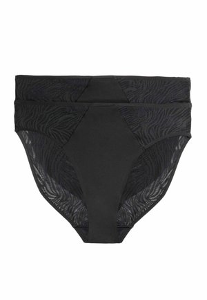 Schwarzer Bikinihose mit hohem Bund, durchgehendem Vorderteil und transparenten Mesh-Seitenteilen mit dezentem Zebra-Muster.