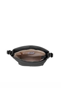 Borsa grigia in tessuto con zip, dotata di un interno crema, presenta una piccola tasca e una tracolla staccabile. Etichetta del marchio visibile all'interno.