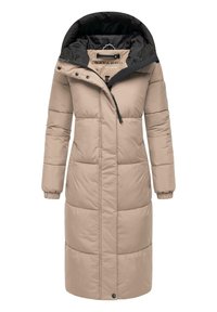 Gewatteerde jas in lichtbeige, met een afneembare zwarte capuchon, lange mouwen, een rits aan de voorkant en zijzakken met elastische manchetten.