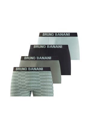 Vier Herren-Boxershorts in verschiedenen Grüntönen und Schwarz, mit "BRUNO BANANI" gebrandeten Taillenbändern, ein Paar mit Logotext-Muster.