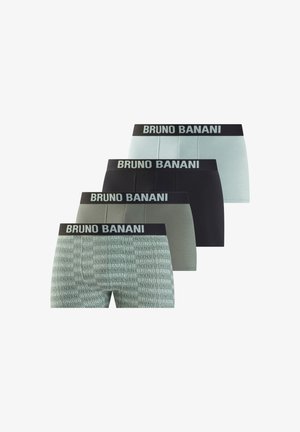 Vier Herren-Boxershorts in verschiedenen Grüntönen und Schwarz, mit "BRUNO BANANI" gebrandeten Taillenbändern, ein Paar mit Logotext-Muster.
