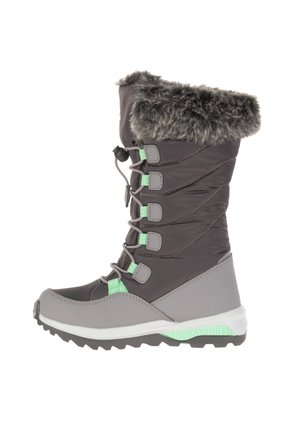 Hochwinterstiefel mit oberem Teil aus dunkelgrauem Steppmaterial, hellgrauer Sohle und Zehen, mintgrünen Schnürschlaufen und einem Kunstpelzrand.