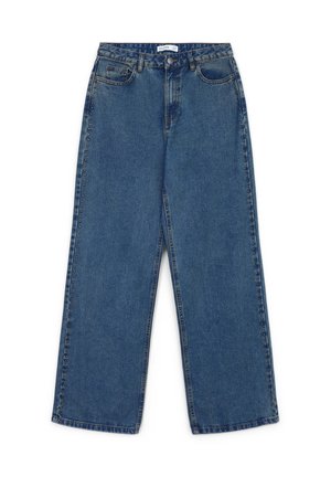 Jeans in denim blu a gamba larga con chiusura a bottone e tasche frontali. Presentano borchie decorative lungo le cuciture esterne per un tocco di dettaglio.