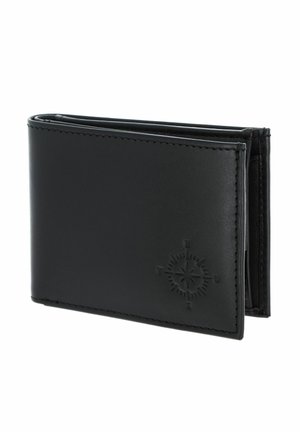 Portefeuille bifold en cuir noir avec des bords cousus et une rose des vents embossée sur le coin avant.
