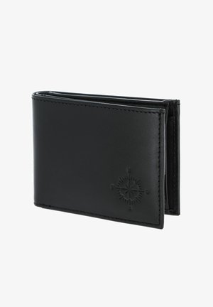 Portefeuille bifold en cuir noir avec des bords cousus et une rose des vents embossée sur le coin avant.