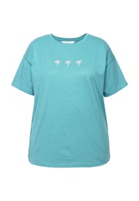 Turquoise katoenen t-shirt met een ontspannen pasvorm, ronde halslijn en drie geborduurde palmbomen op de voorkant. Glad textuur.