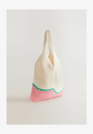 Sac fourre-tout tissé en crème avec une base rose. Présente des accents courbes verts et blancs. Texture douce avec des sangles d'épaule robustes.