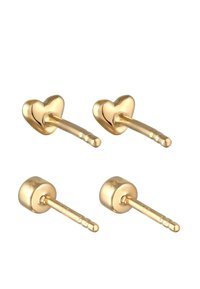 Cercei din metal aurit cu două modele în formă de inimă și două modele cilindrice, fiecare având un prelungitor drept.