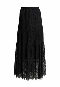 Černá krajková midi sukně s vrstveným designem, vykrojeným lemem, elastickým pasem a složitými květinovými vzory po celém povrchu.