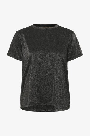 Camiseta negra de manga corta con tejido brillante y escote redondo.