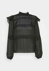 Blouse noire plissée avec un col montant, des volants sur les épaules et des poignets élastiqués. Présente des détails à rayures horizontales sur toute la surface.