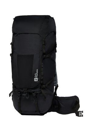 Schwarzer Wanderrucksack mit großem Hauptfach, mehreren verstellbaren Riemen, einer Vordertasche und einem seitlichen Netzbeutel für die Aufbewahrung.