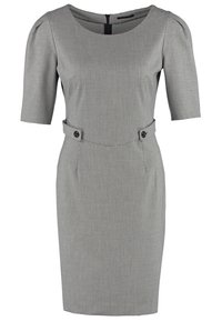 Robe grise ajustée en tissu texturé, avec des manches bouffantes courtes et un col rond. Dotée de deux boutons décoratifs à la taille.