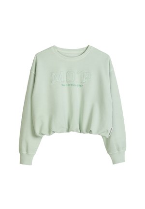 Sweat-shirt court vert clair à manches longues et poignets côtelés, avec le texte "M O’P Marc O’Polo 1967" sur la poitrine.